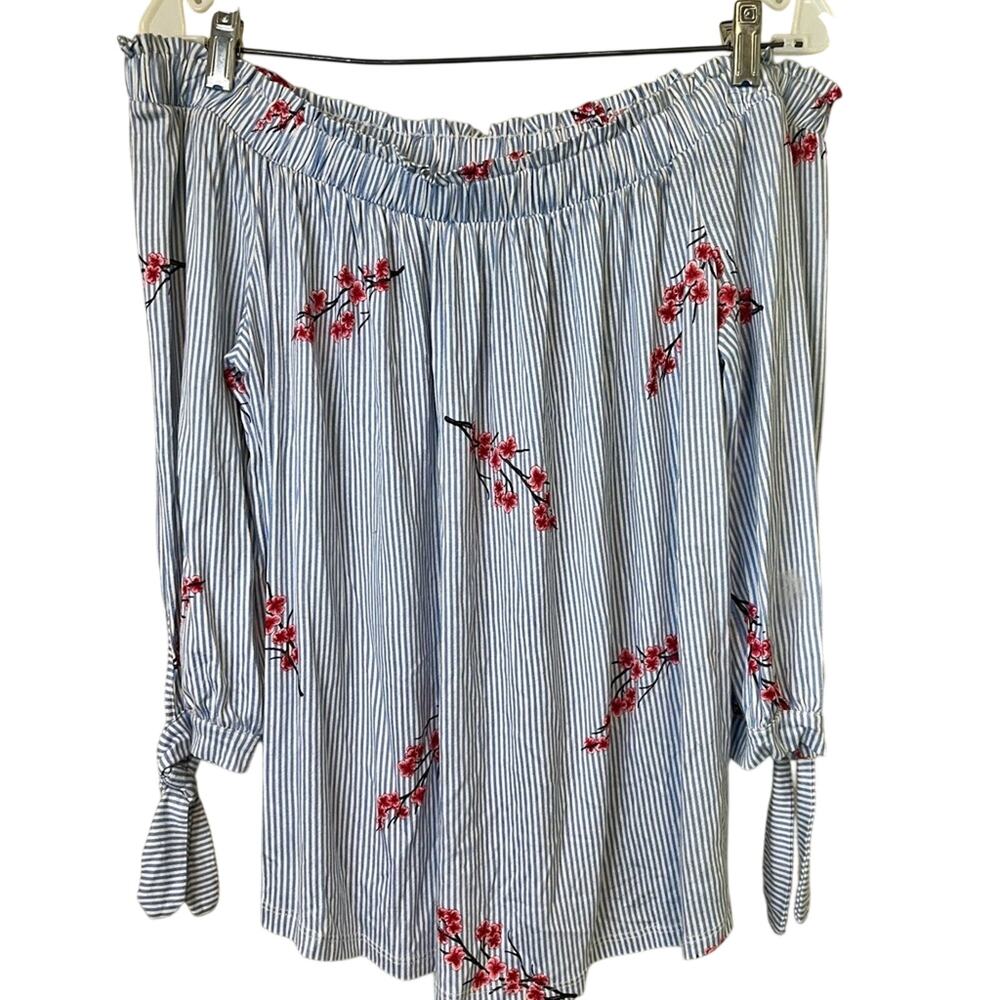 Olive & Oak Blue Striped Floral Blouse halter off-shoulder
